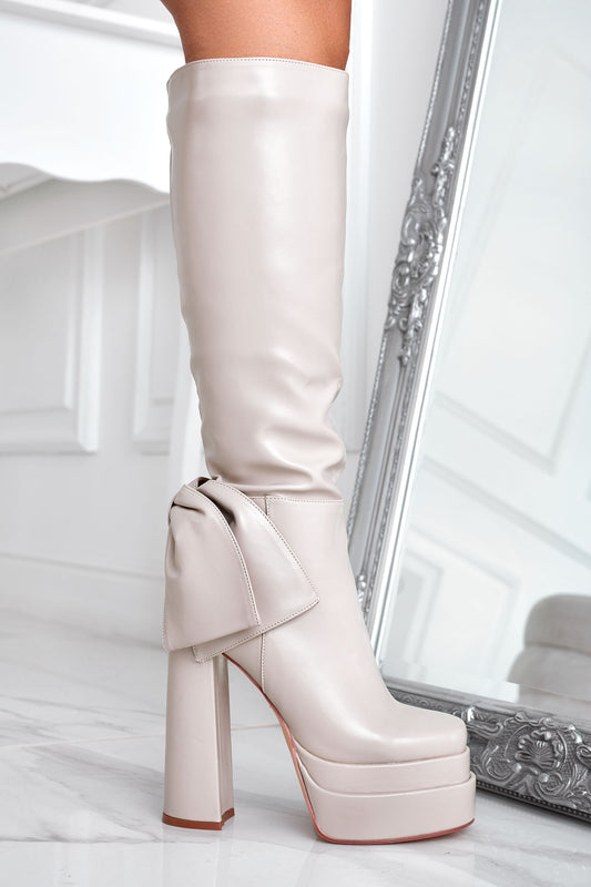 MARISOL - Stivali beige platform Alexoo con fiocco e tacco alto