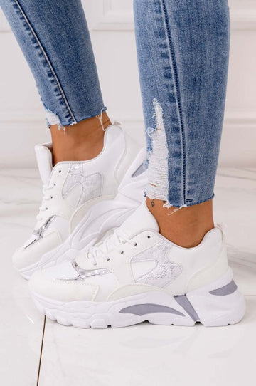 White sneakers with thick sole and silver python-effect inserts