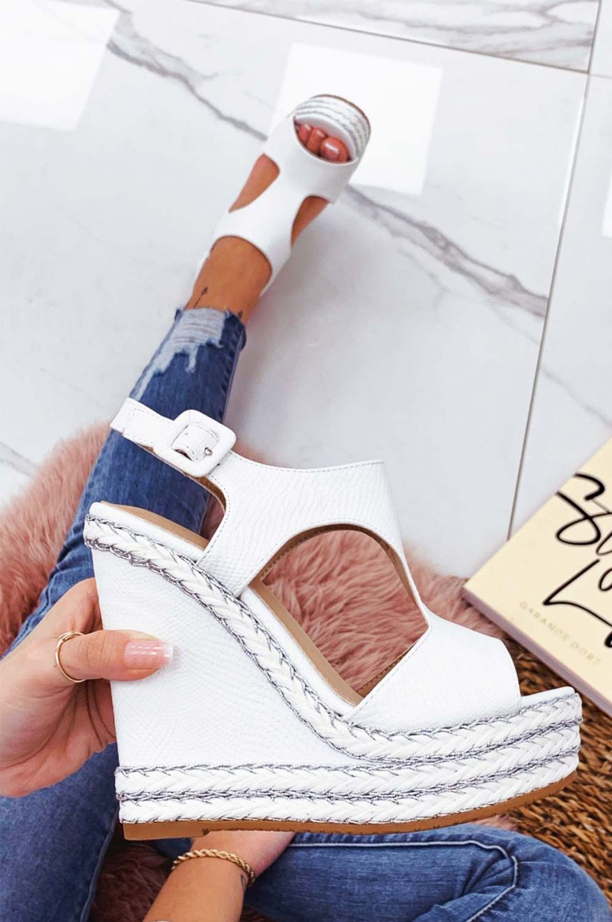 White wedge sandals with silver rope inserts