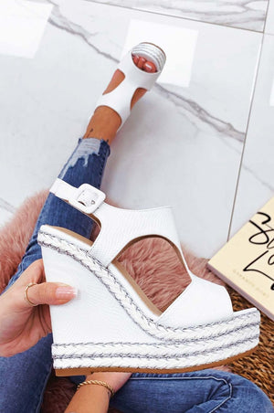 White wedge sandals with silver rope inserts