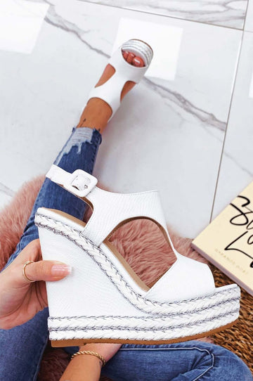 White wedge sandals with silver rope inserts