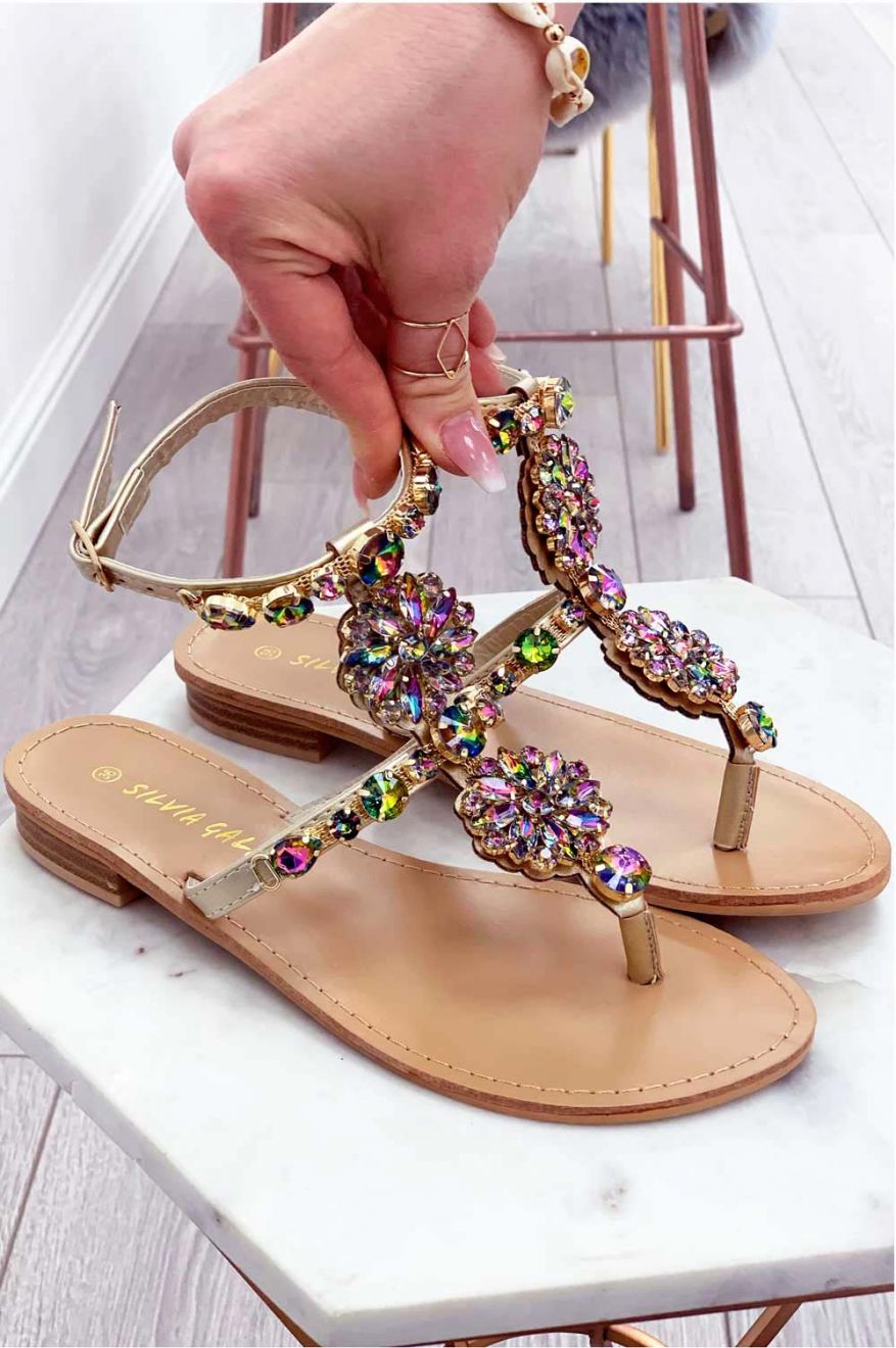 Sandali infradito gioiello bassi multicolor con pietre
