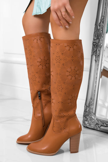 Camel perforated faux leather boots with comfortable heel