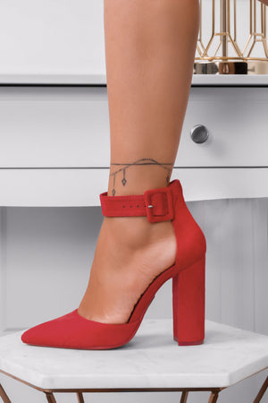 Red suede pumps with strap and comfortable heel