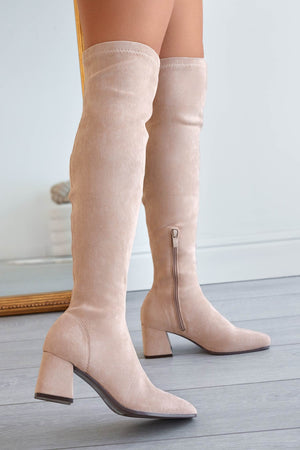 Beige suede over-the-knee boots