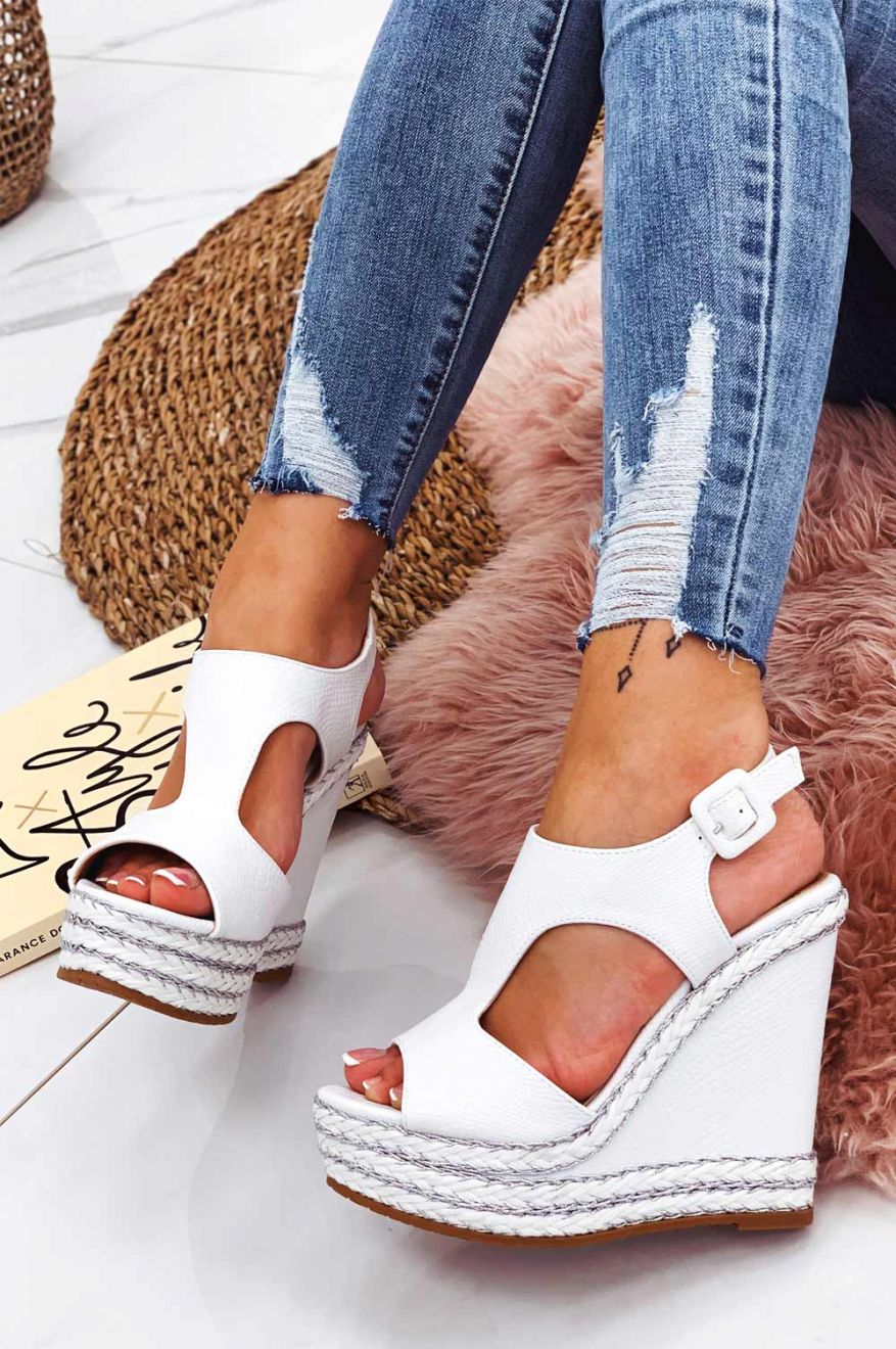 White wedge sandals with silver rope inserts