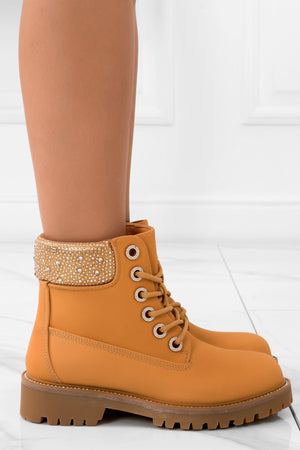 Camel combat boots with rhinestones on the edge