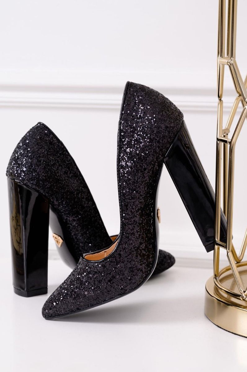 CAROLA - Decolletè nere glitter con tacco comodo in vernice