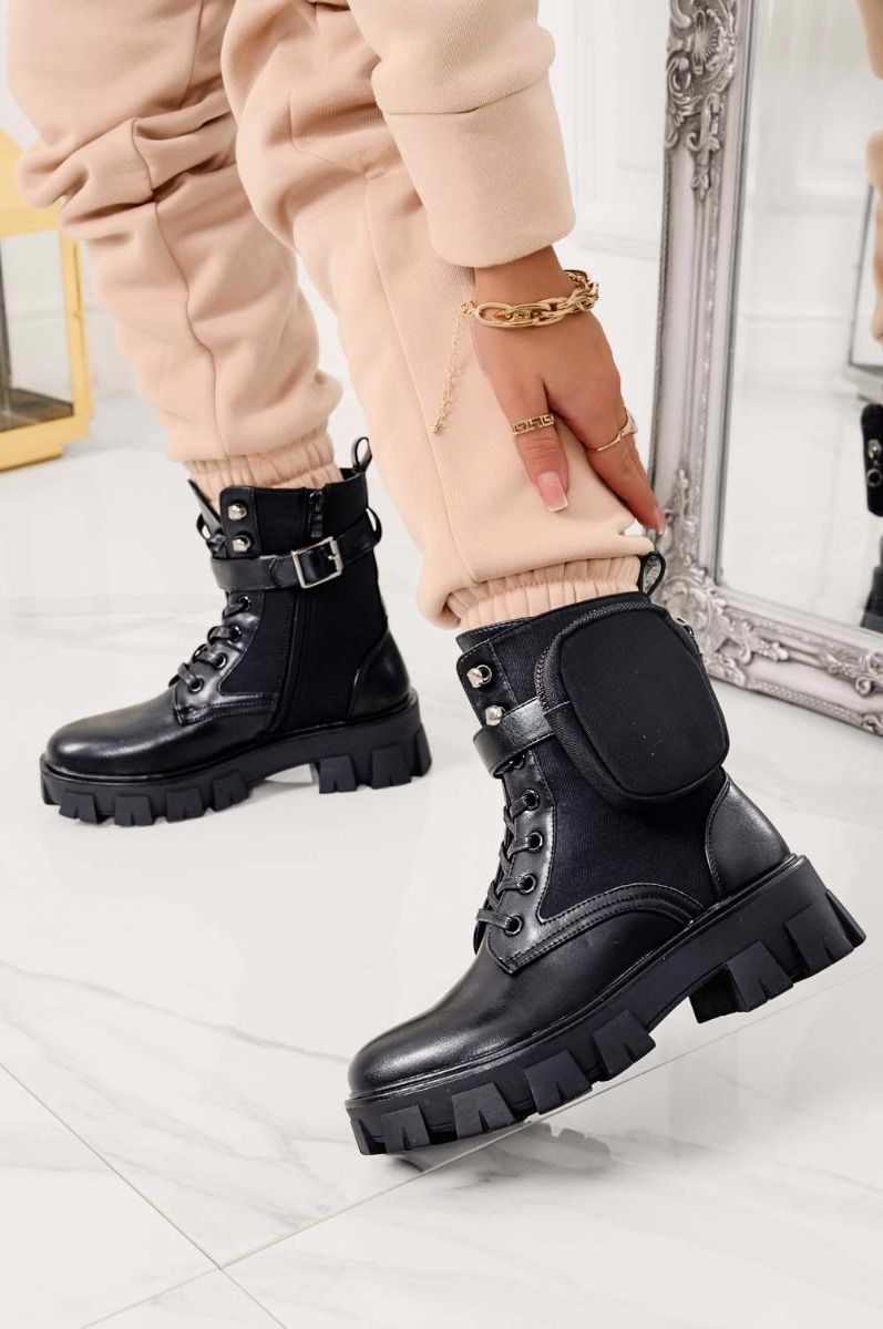 Black combat ankle boots with laces and removable pouch