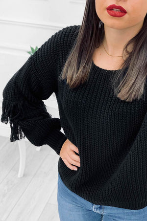 Sweater with balloon sleeves and fringes Black
