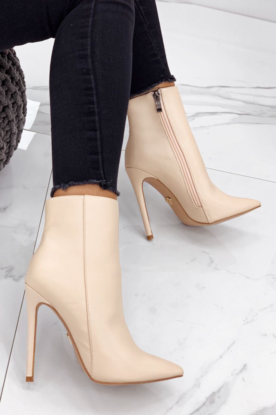 Beige ankle boots in faux leather with high heel