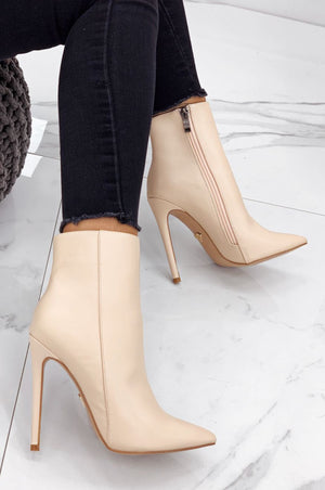 Beige ankle boots in faux leather with high heel