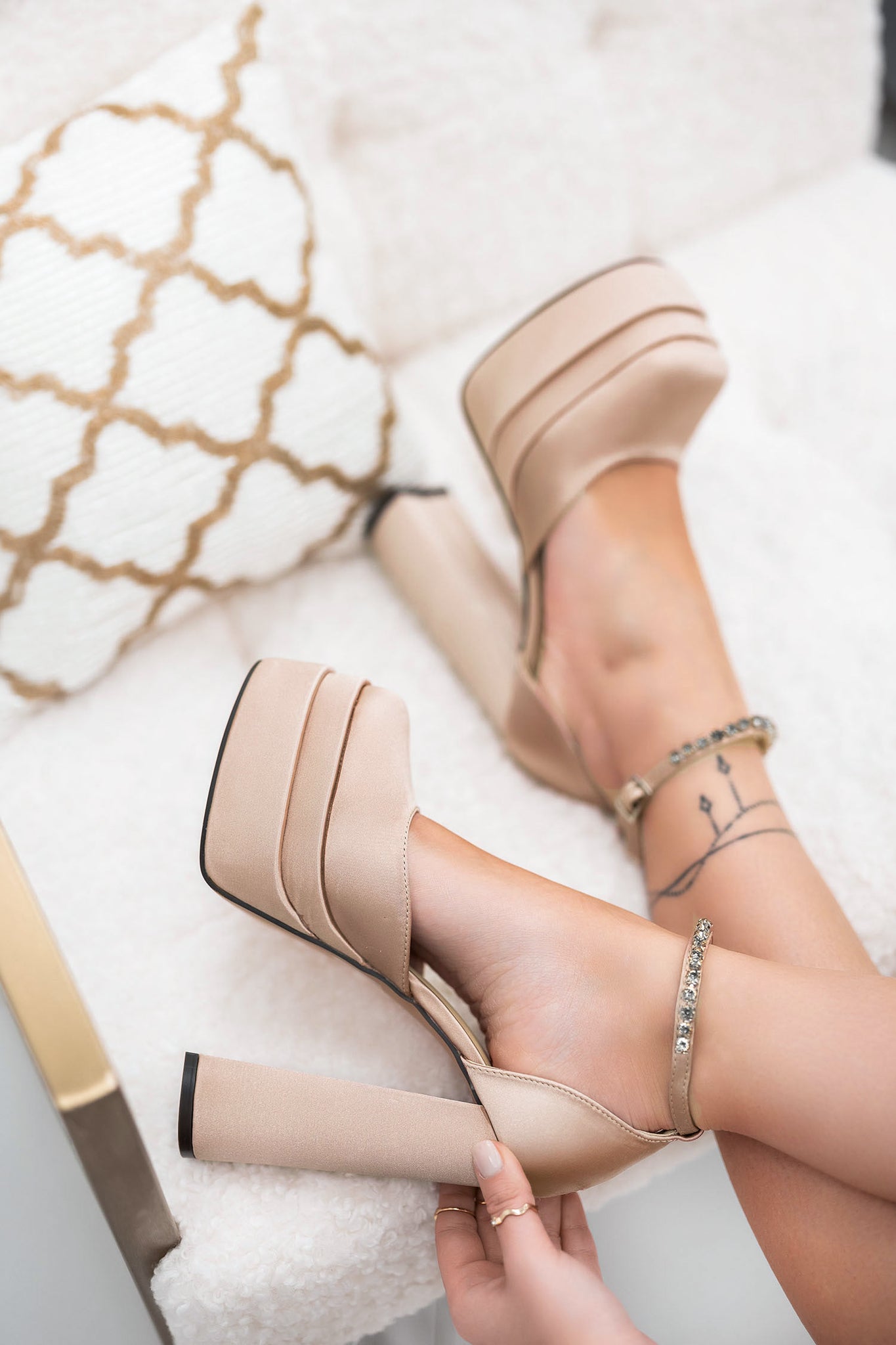 MANILA - Beige satin pumps with high heel, platform, and jeweled strap