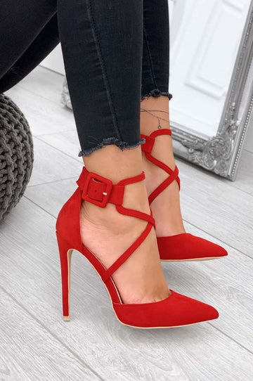 Red stiletto heel pumps with buckle