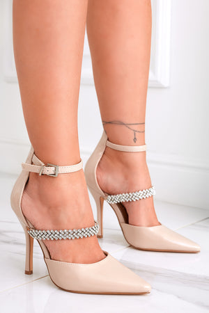 Beige patent Alexoo pumps with rhinestone strap