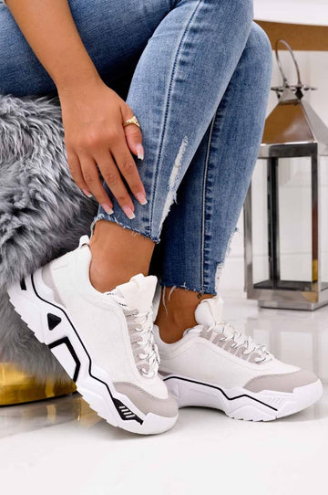 White suede sneakers with thick sole and laces