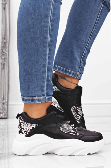 Black sneakers with python-effect inserts and laces