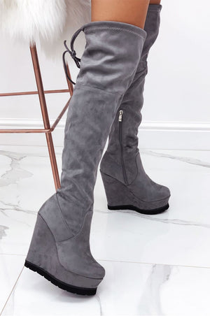 Grey suede over-the-knee wedge boots