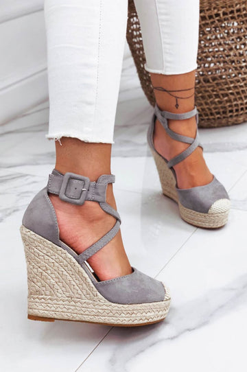 Gray espadrilles with wedge heel and crossed straps