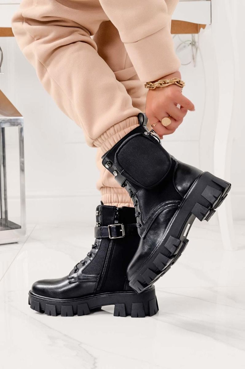 Black combat ankle boots with laces and removable pouch