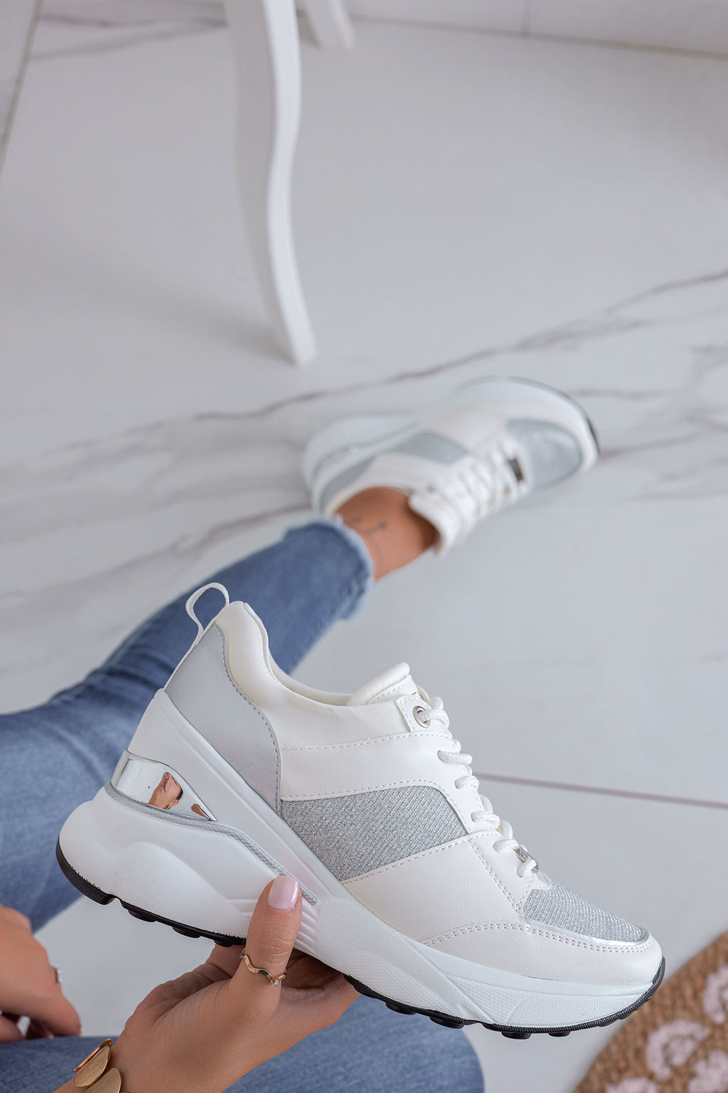 FREYA - White Alexoo sneakers with silver glitter inserts