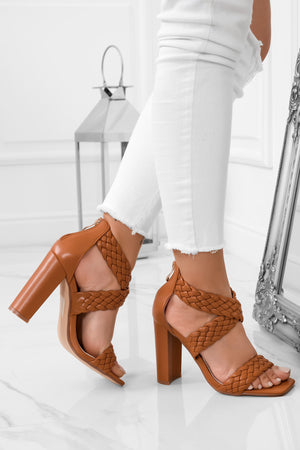 DOMINIK - Camel sandals with braided straps and comfortable heel