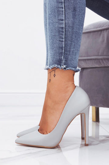 Gray faux leather pumps with high heel
