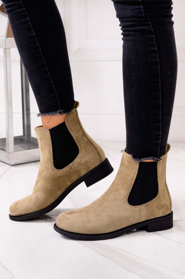 Low suede ankle boots in mud color with side elastic