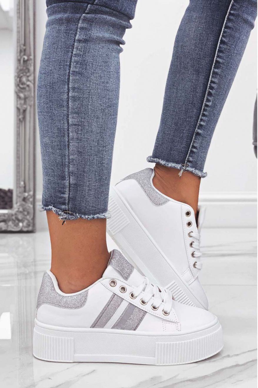 White sneakers with laces and silver glitter inserts