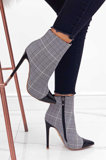 Pied de poule ankle boots with mixed checks, black patent leather heel and toe