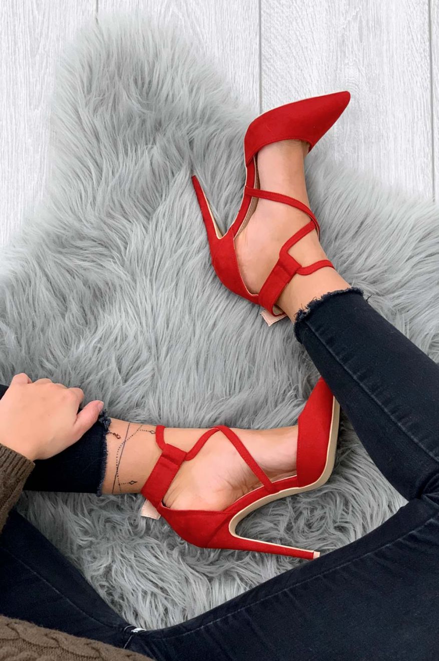 Red stiletto heel pumps with buckle
