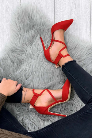 Red stiletto heel pumps with buckle