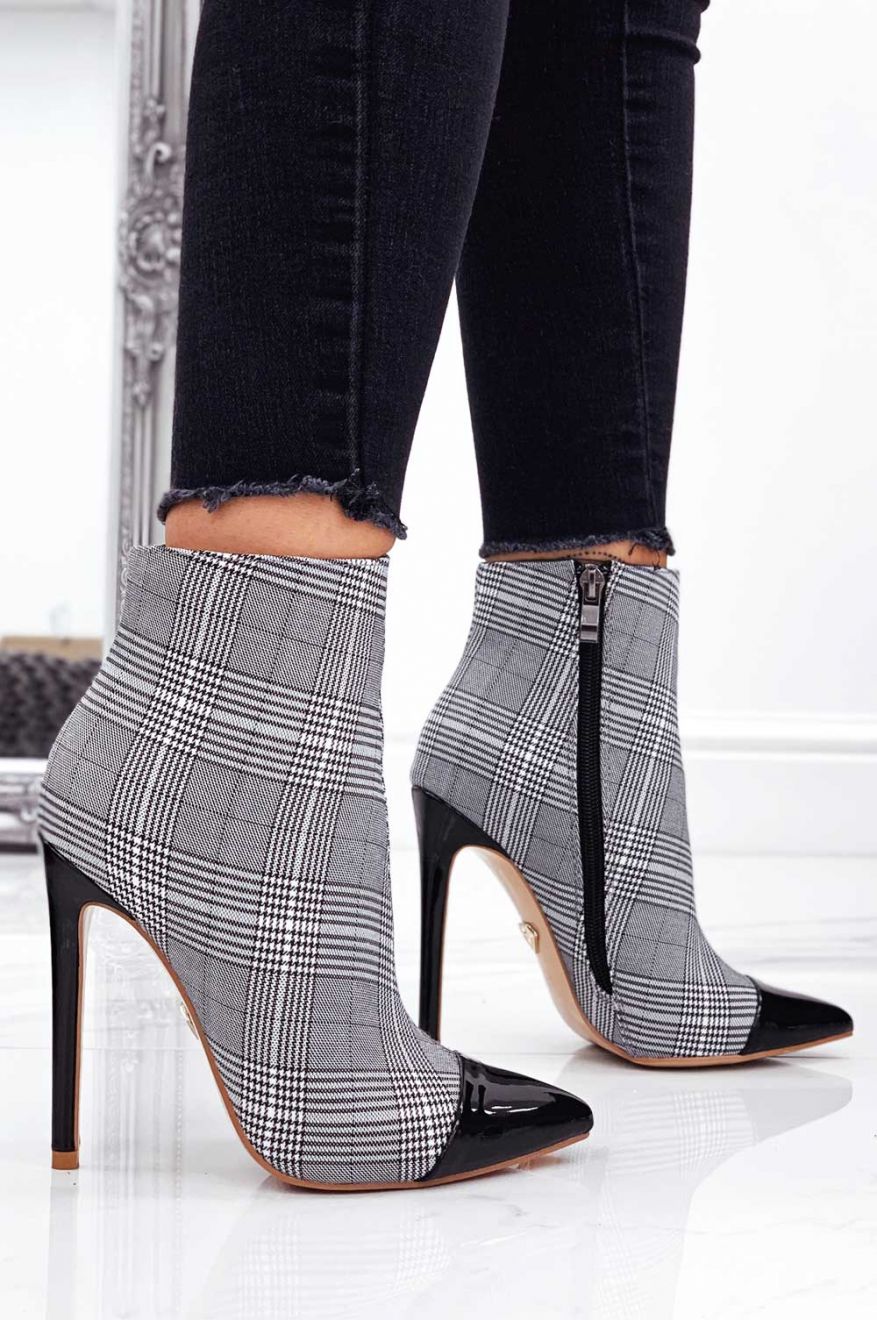 Bottines pied-de-poule à carreaux mixtes avec talon et bout en vernis noir