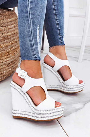 White wedge sandals with silver rope inserts