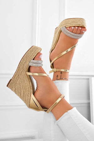 DEEP - Wedge espadrille sandals in gold with jeweled straps