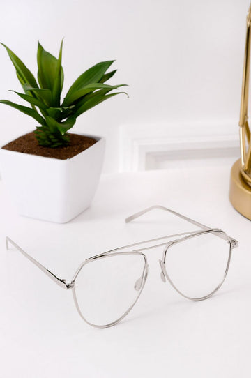 Glasses with clear lenses and silver frame