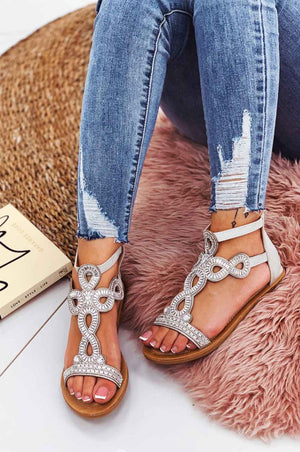 Low grey jeweled sandals with rhinestones