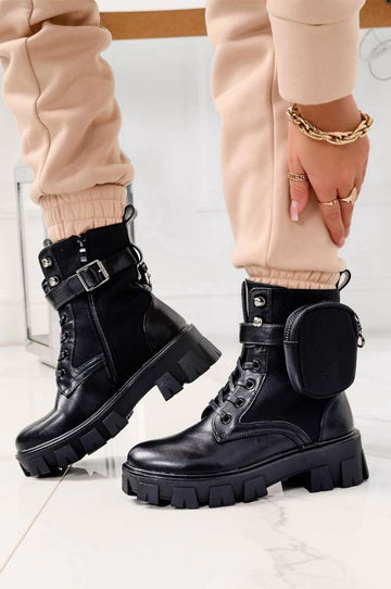 Black combat ankle boots with laces and removable pouch