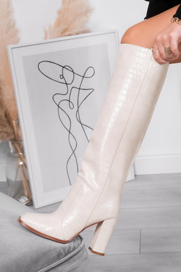 Beige Alexoo boots with crocodile effect