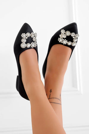 Black satin ballet flats with jewel