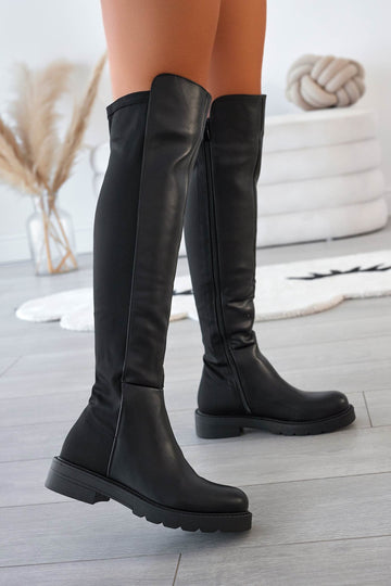 Black over-the-knee boots in stretch fabric