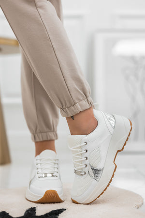White perforated Alexoo sneakers with silver inserts