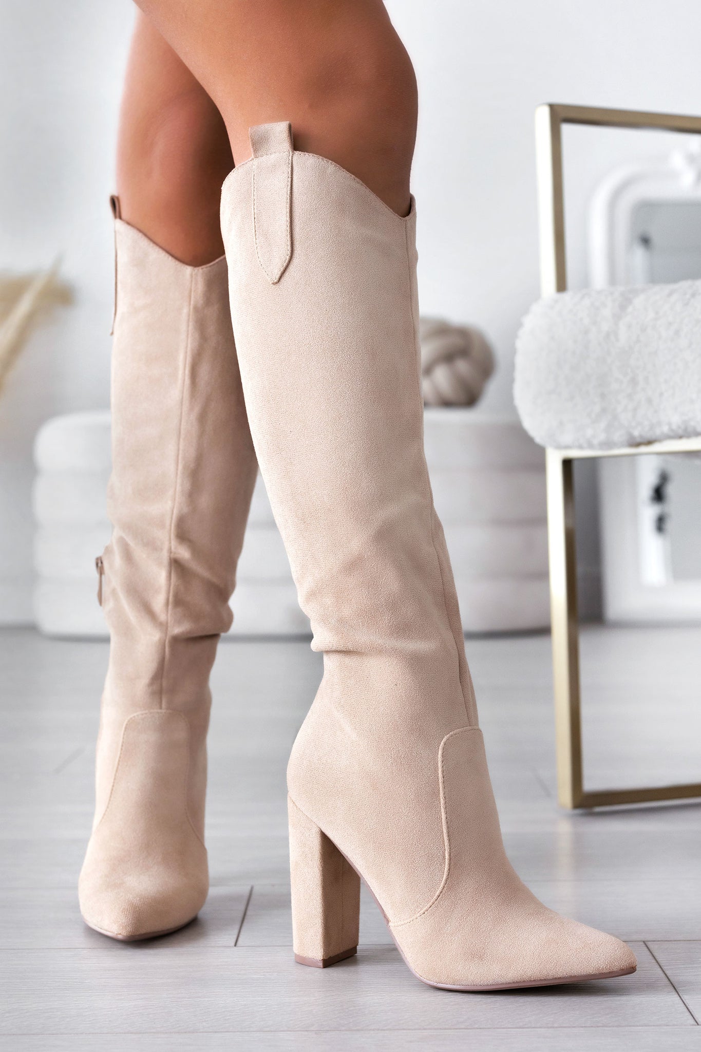 Beige suede Alexoo boots with comfortable heel