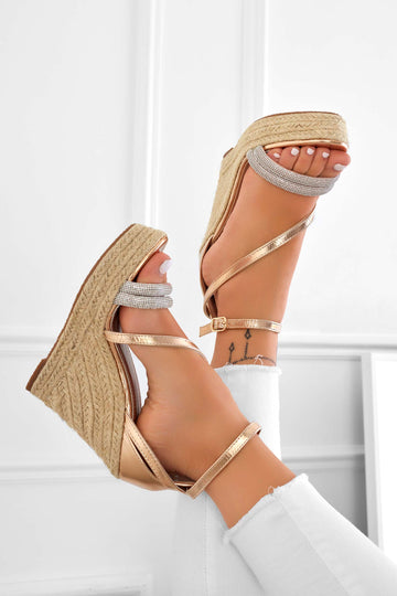 DEEP - Wedge espadrille sandals in rose gold with jeweled straps