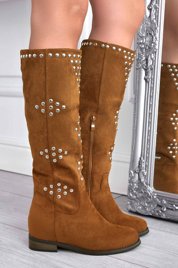 Brown suede boots with studs