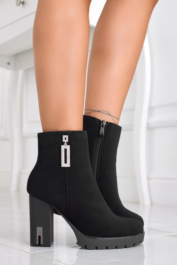 Black ankle boots with comfortable heel and rhinestones