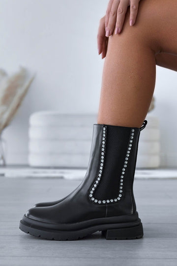 GIRONA - Black ankle boots with elastic and rhinestone trim