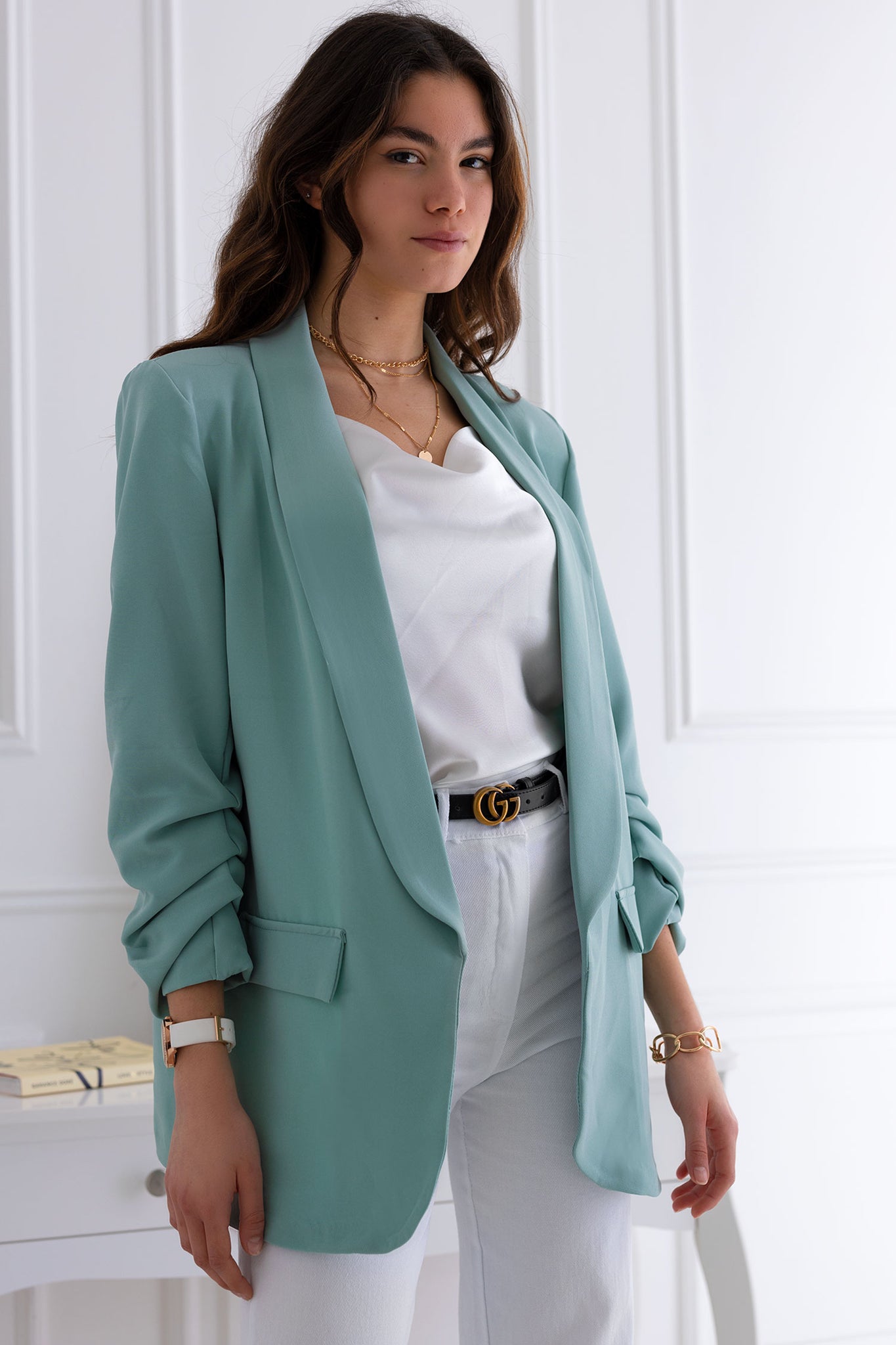 Open green blazer jacket with ruched sleeves