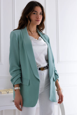 Open green blazer jacket with ruched sleeves