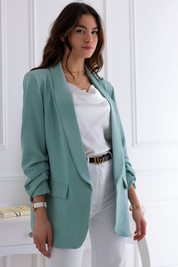 Open green blazer jacket with ruched sleeves
